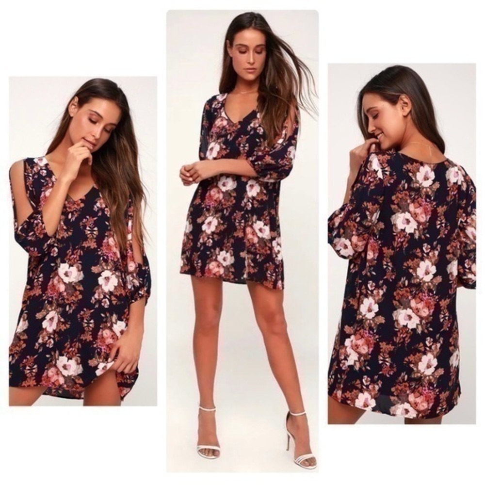Lulu’s Shifting Dears Navy Blue Floral Print Split Sleeve Shift Dress XS AD26